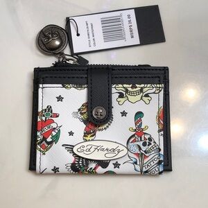 Ed Hardy White & Black Faux Leather Card Wallet Multi Colored Tattoo Print NWT